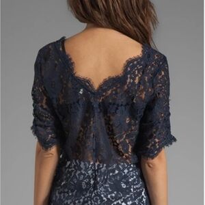 Joie Lace Sweetheart Neck Ruched 3/4 Sleeves Pullover Blouse Navy Blue Small